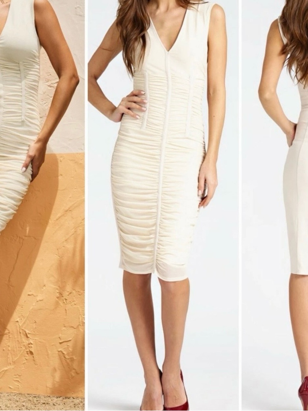 Marciano Sleeveless Ruched V-Neck Midi Dress in Cream Size medium